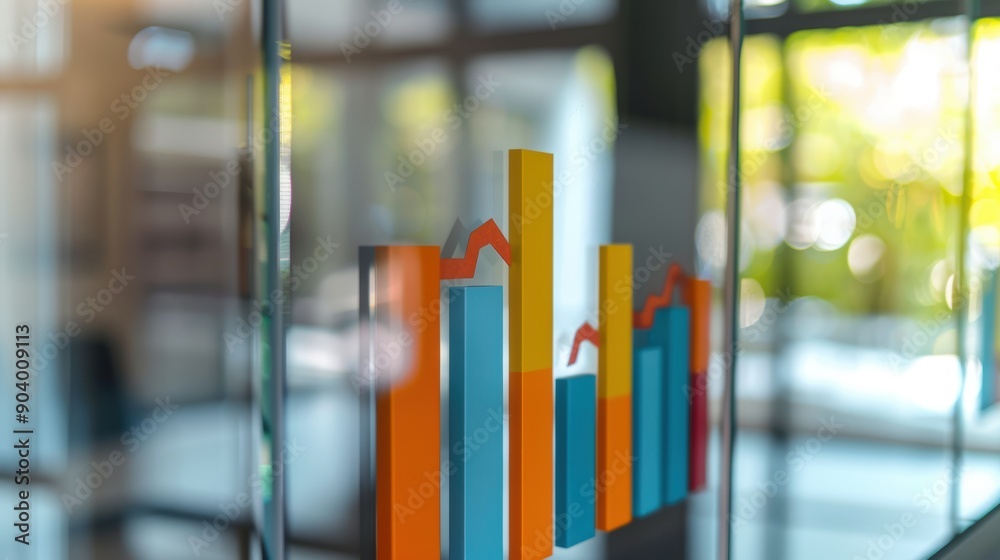 Glass-pane office building showcasing a vibrant bar chart representing market analysis and business expansion Glass-pane office building showcasing a vibrant bar chart representing market analysis and business expansion