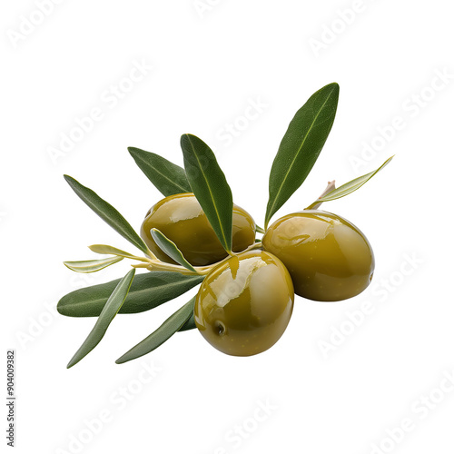 Olives with leaves on a branch isolated on a transparent background, generative ai