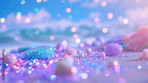 ocean scene, candy land, glitter, depth of field
