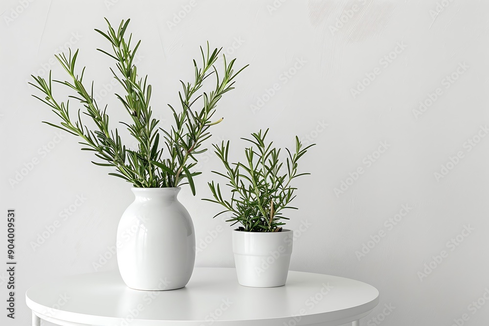 Minimalist white round table with white vase, rosemary plant in flowerpot, white wall, real photo. Minimalist white round table with white vase, rosemary plant in flowerpot, white wall, real photo.