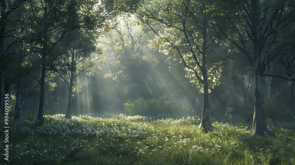 Obraz premium Sunlight streams through the trees in a forest clearing.