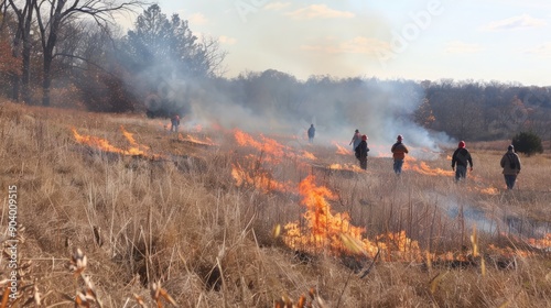 A controlled fire burn practice with firefighters in action. Firemans practicing fire suppression. Image for emergency and safety visuals.