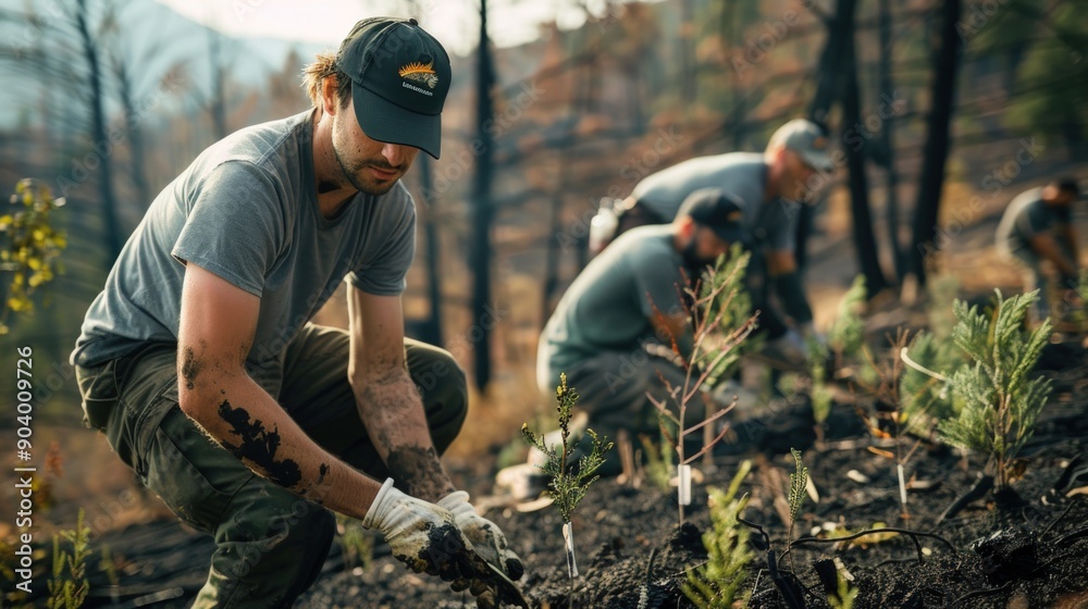 Volunteers in action, planting trees for reforestation and post-fire recovery, showing community support and resilience. Hands-on effort for forest restoration.Teamwork in replanting saplings. Volunteers in action, planting trees for reforestation and post-fire recovery, showing community support and resilience. Hands-on effort for forest restoration.Teamwork in replanting saplings.