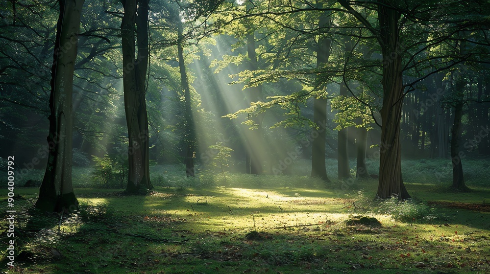 Fototapeta premium Sunlight streams through the canopy of a lush green forest.
