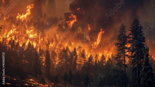 Wildfire in a burning forest, with thick smoke and flames causing environmental devastation. Intense firestorm ravaging trees, illustrating the catastrophic impact on nature and climate 