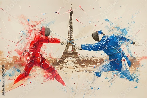 A dynamic illustration of two fencers fencing in front of the Eiffel Tower, with a red and blue color palette. A detailed ink sketch with splashes of paint in the style of Robby. white Background photo