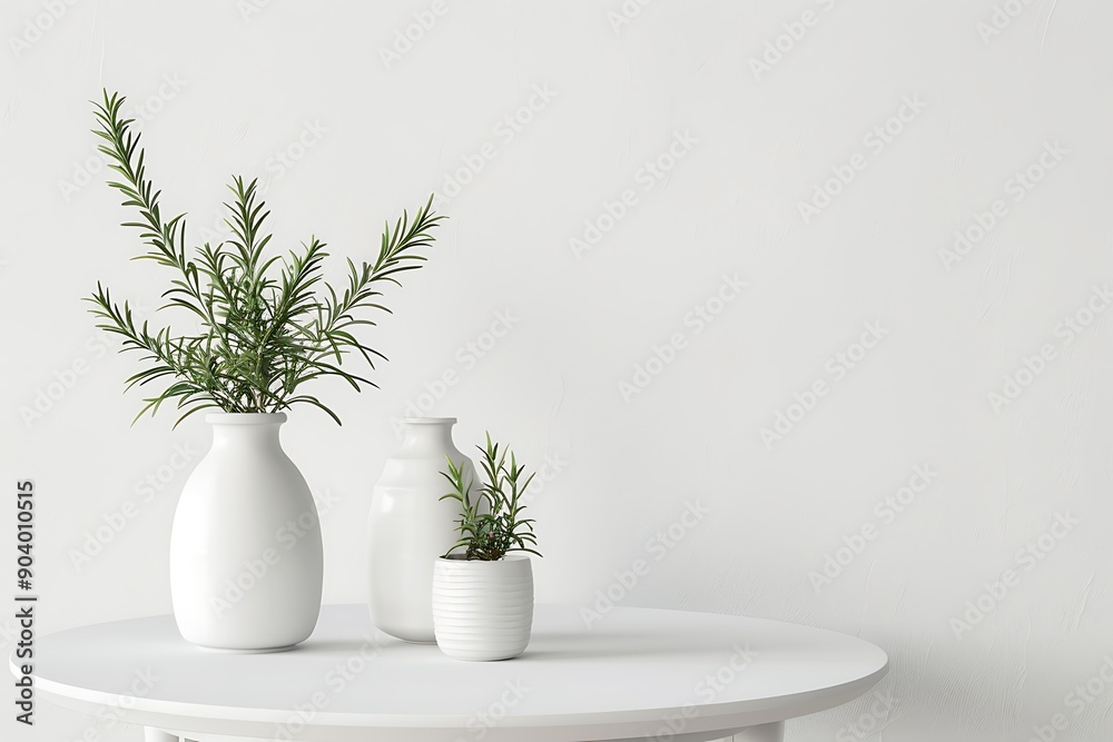 Minimalist white round table with white vase, rosemary plant in flowerpot, white wall, real photo. Minimalist white round table with white vase, rosemary plant in flowerpot, white wall, real photo.