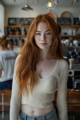 A woman with long red hair standing in front of a counter