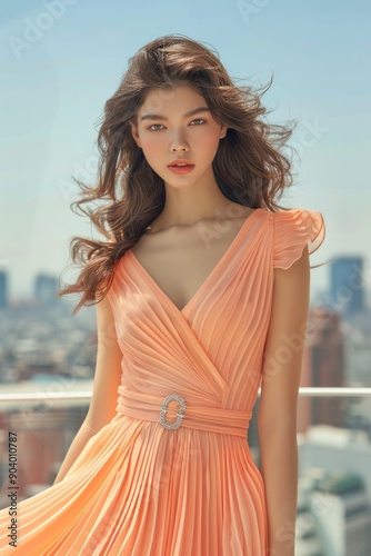 Elegant Woman in Peach Dress Against City Skyline photo