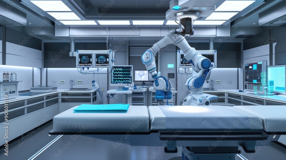 A comprehensive view of a state-of-the-art robotic surgical suite, highlighting the precision and advanced technology.