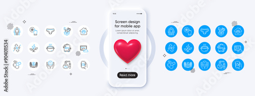 Phone mockup with 3d heart icon. Group, Pet shelter and Capsule pill line icons. Pack of Panties, Freezing click, Brush icon. Saucepan, Safe time, Like app pictogram. Vector