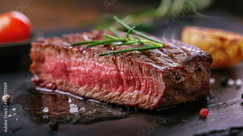 Succulent grilled steak on a black slate plate, garnished with herbs and served with a side of roasted vegetables and spices.