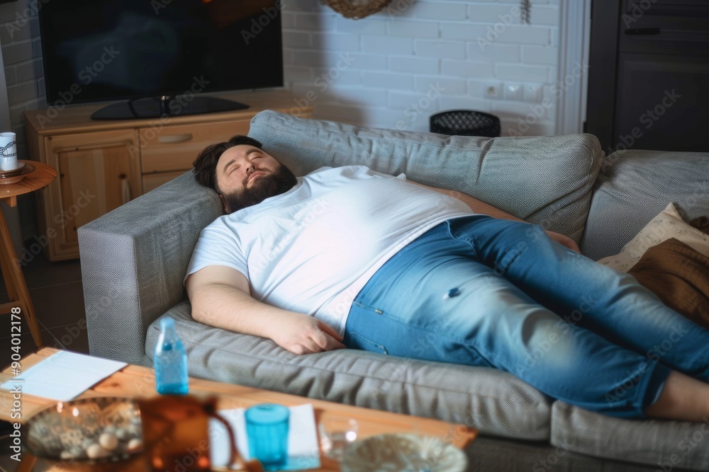 Overweight man sleeping on sofa in a messy room Overweight man sleeping ...