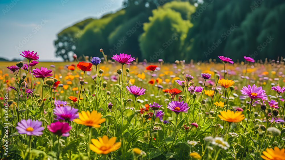 Fantastic meadow flowers on forest field. Dreamy sunset sunlight, rays tranquil outdoors, summer natural scene. Beautiful landscape, trees, floral closeup, enchanting view. Inspirational AI generated Fantastic meadow flowers on forest field. Dreamy sunset sunlight, rays tranquil outdoors, summer natural scene. Beautiful landscape, trees, floral closeup, enchanting view. Inspirational AI generated
