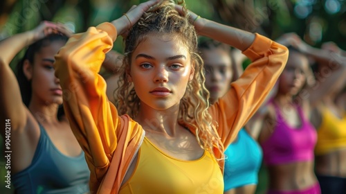 Confident Young Woman Leading Fitness Class Outdoors photo