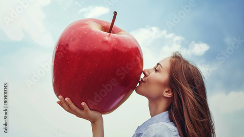 Woman kissing giant apple as conception of healthy food lover