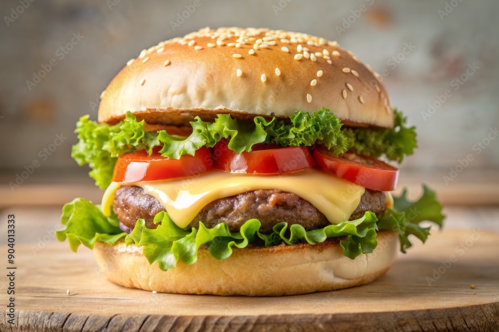 Soft focus pale beige background featuring a mouthwatering juicy burger with melted cheese, lettuce, tomato, and sesame seeds on a toasted bun. Soft focus pale beige background featuring a mouthwatering juicy burger with melted cheese, lettuce, tomato, and sesame seeds on a toasted bun.