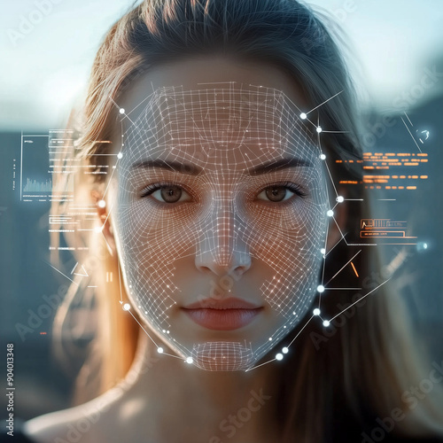 woman whose face is framed by digital interface elements representing facial recognition technology. The woman is looking directly at the camera, and the digital elements include geometric lines.