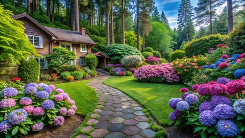 Fototapeta Naklejka Na Ścianę i Meble -  Serene suburban residence surrounded by lush coniferous garden featuring vibrant hydrangeas and rhododendrons, with meandering stone path leading to a tranquil haven.