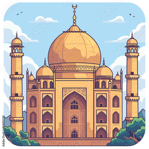 Taj Mahal. Vector illustration in flat style on blue background