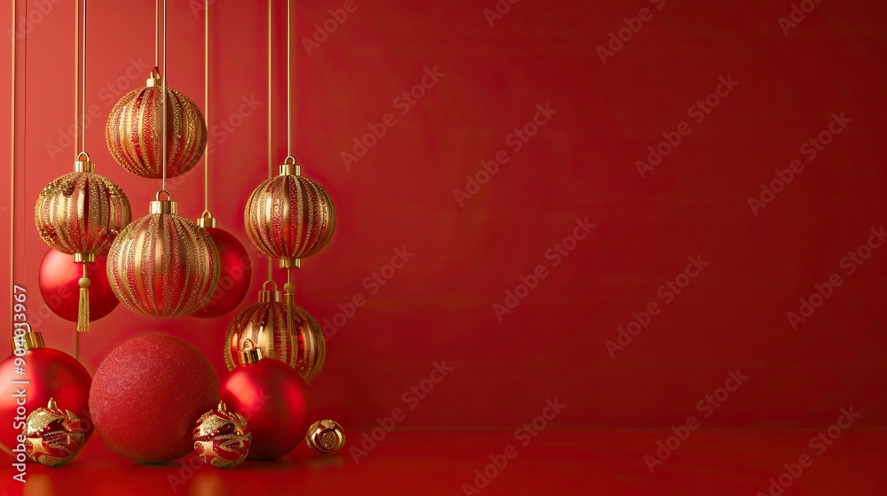 Festive background Happy New Year in Asian style. Happy Chinese New Year banner background template. Decoration with traditional festival lanterns on a red background.