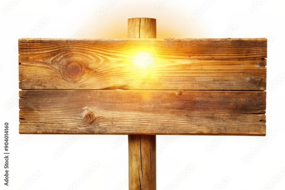 Fototapeta premium Rustic wooden signpost stands upright on a white background, its blank face waiting for a message, surrounded by a warm glow and subtle woodgrain texture.