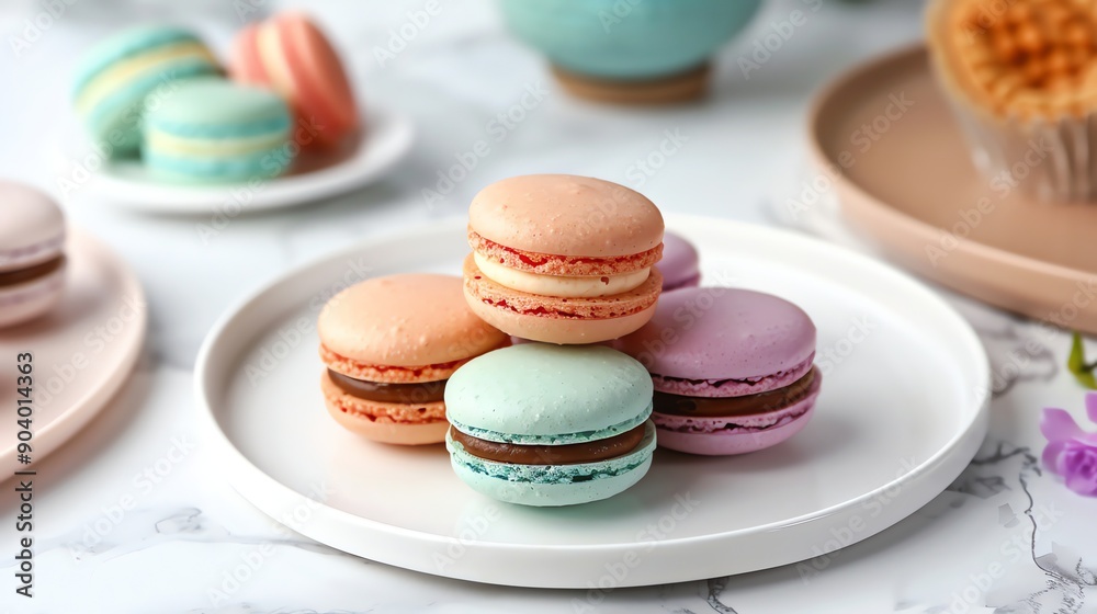 A stack of colorful macarons on a white plate. A stack of colorful macarons on a white plate.