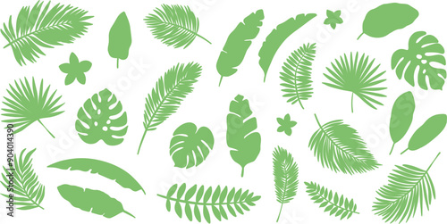 Tropical leaves line art silhouette, vector illustration set, summer clip art elements, isolated