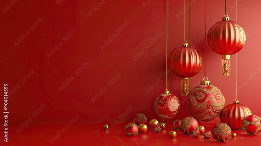 Festive background Happy New Year in Asian style. Happy Chinese New Year banner background template. Decoration with traditional festival lanterns on a red background.
