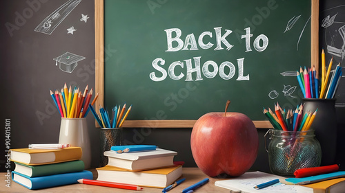 School supplies with Back To School written in white chalk against a blackboard background