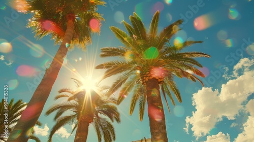 Tropical Palm Trees Basking in Radiant Sunlight with Lens Flare