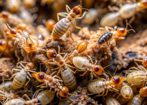 Intricate close-up of a thriving termite colony, swarming with busy insects, devouring wooden fibers, their tiny mandibles and antennae a blur of frenzied activity. photo