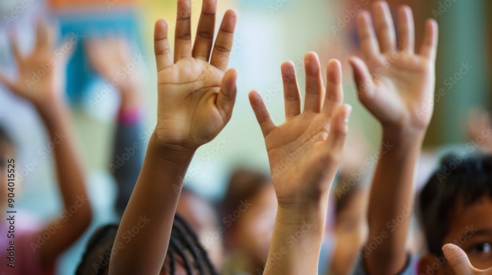 A group of children are raising their hands in a classroom A group of children are raising their hands in a classroom