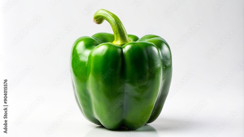 Fresh green pepper with vibrant glossy skin and crisp texture stands upright on a clean white background, highlighting its natural beauty and fresh appeal. Fresh green pepper with vibrant glossy skin and crisp texture stands upright on a clean white background, highlighting its natural beauty and fresh appeal.