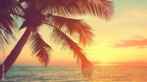 Tropical Sunset Paradise with Silhouetted Palm Tree