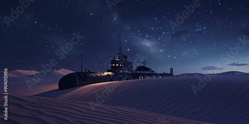 An old rusty submarine lies in the dunes of the Sahara Desert. A submarine base or shelter. photo