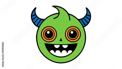 cute green cartoon monster smiling with blue horns, illustration of monster in vector on white background