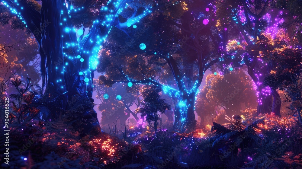 A digital forest with interactive trees and wildlife glowing with bioluminescent colors. A digital forest with interactive trees and wildlife glowing with bioluminescent colors.