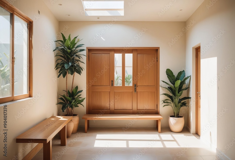 A modern and minimalist entryway with a wooden door A modern and minimalist entryway with a wooden door