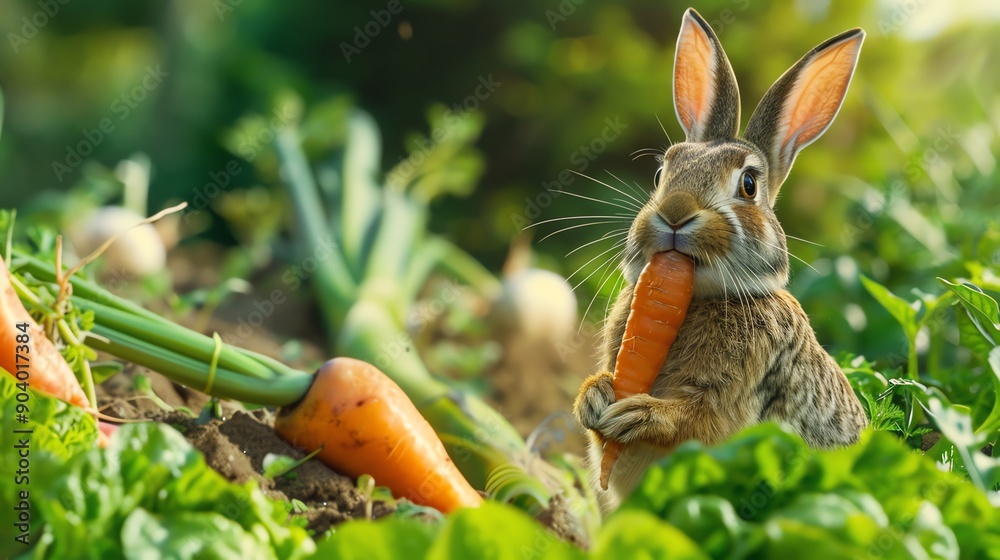 Fototapeta premium A brown rabbit with big ears eats a carrot in a garden.