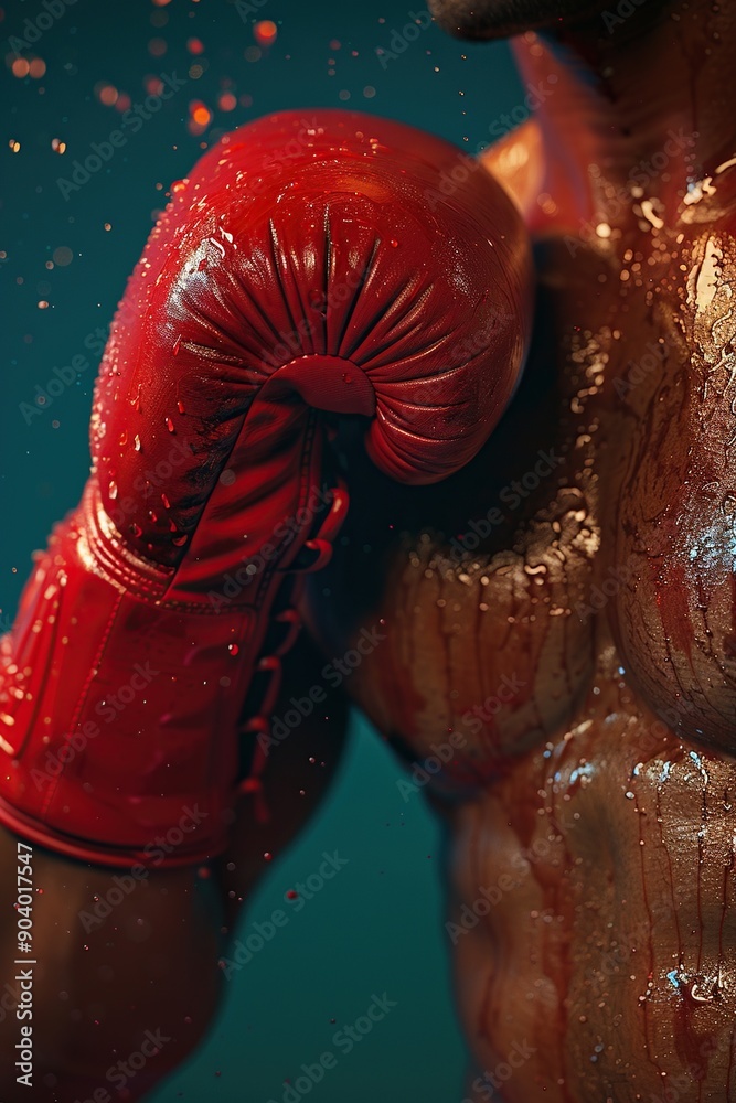 Naklejka premium Angry strong boxer with very strong musculature. All sweaty with veins poping. His gloves are red and hitting strong. Generative Ai