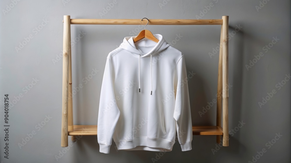 Empty white hoodie on a clean studio table, hanging on a wooden hanger, with a subtle crease on the sleeve, waiting for your design or logo. Empty white hoodie on a clean studio table, hanging on a wooden hanger, with a subtle crease on the sleeve, waiting for your design or logo.