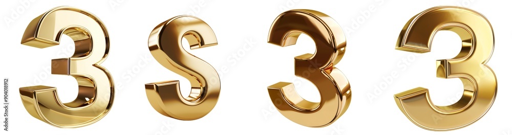 Luxury golden number 3. Gleaming turned letter S. Luxury golden number 3. Gleaming turned letter S.