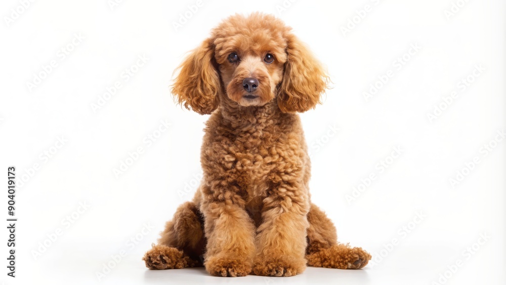 Adorable curly brown poodle sits calmly on a pure white background, facing forward with a friendly expression, providing ample copy space for text or design. Adorable curly brown poodle sits calmly on a pure white background, facing forward with a friendly expression, providing ample copy space for text or design.