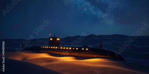 A damaged submarine lies on the sand dunes of the desert. photo