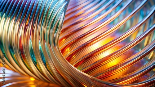 A close-up of a glass sculpture with a colorful, iridescent surface. The light refracts through the glass, creating abstract patterns and textures. The image symbolizes light, reflection, art, beauty,