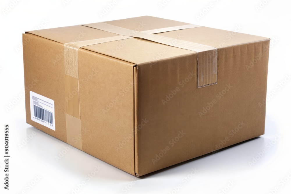 A lone hand cradles a sturdy brown cardboard box with packing tape and shipping labels, isolated on a clean white background, emphasizing e-commerce.