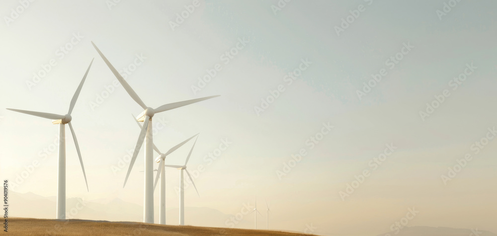 Fototapeta premium Wind turbines on a rural landscape under clear sky, representing renewable energy and sustainable power generation.