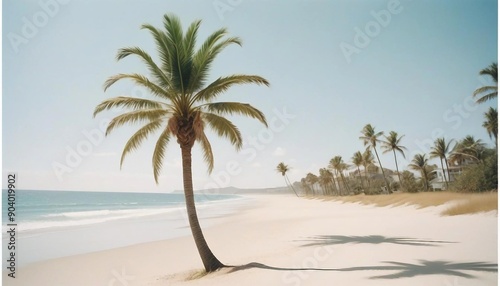 Beach scene with palm trees, soft sand, and the ocean in the background on a bright day 