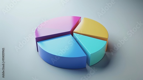 3d render of a pie chart with five segments representing market share, investment, or other financial data